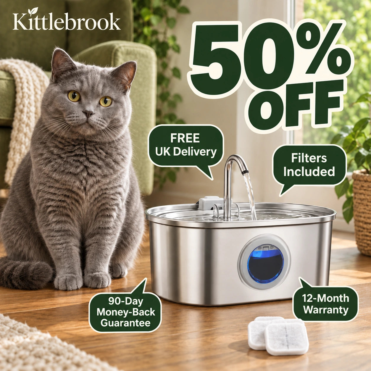 50% off Kittlebrook with free UK delivery, filters included, 90-day home trial and 12-month warranty