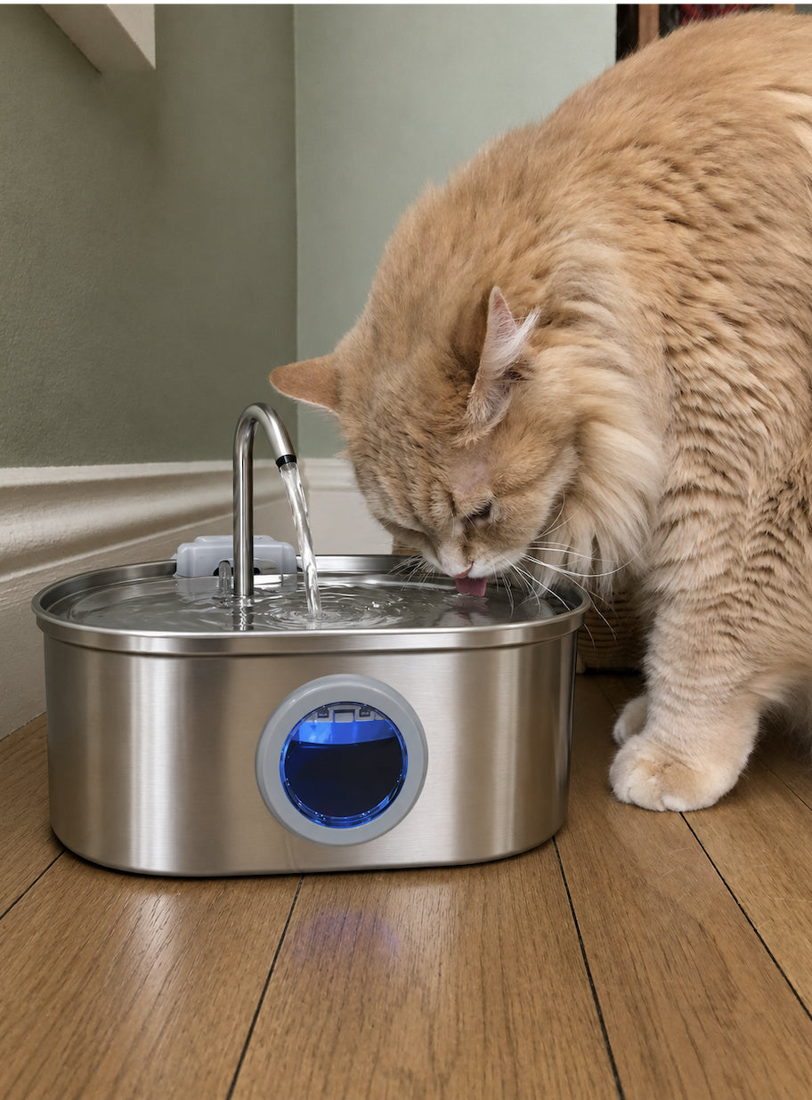 Ginger cat drinking from a Kittlebrook fountain